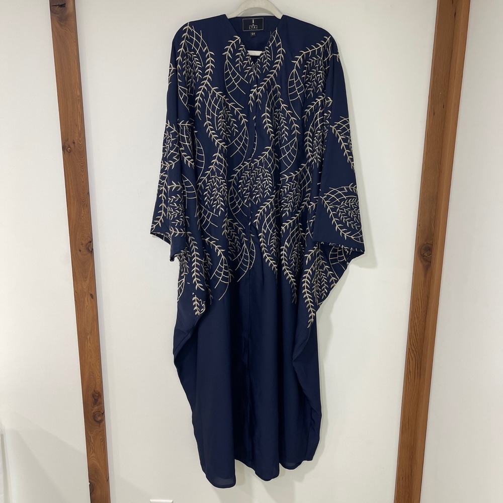 LYAJ Clothing Embroidered Abaya Women 54 Navy Blue Gold Leaf Detail | Modest